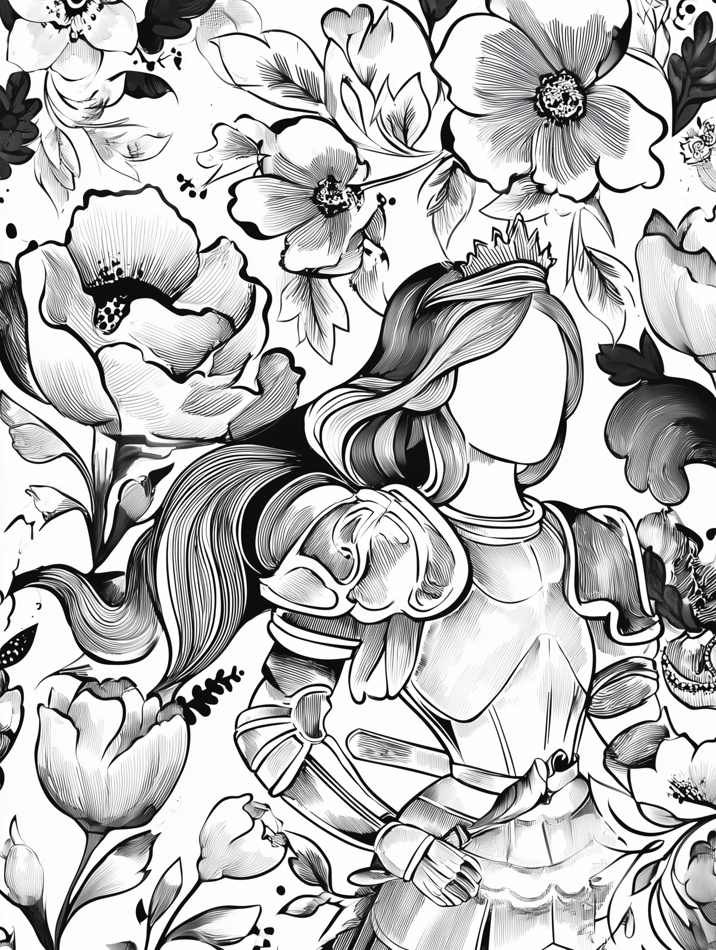 Free printable queen coloring page for adults featuring a queen with a knight in a floral scene